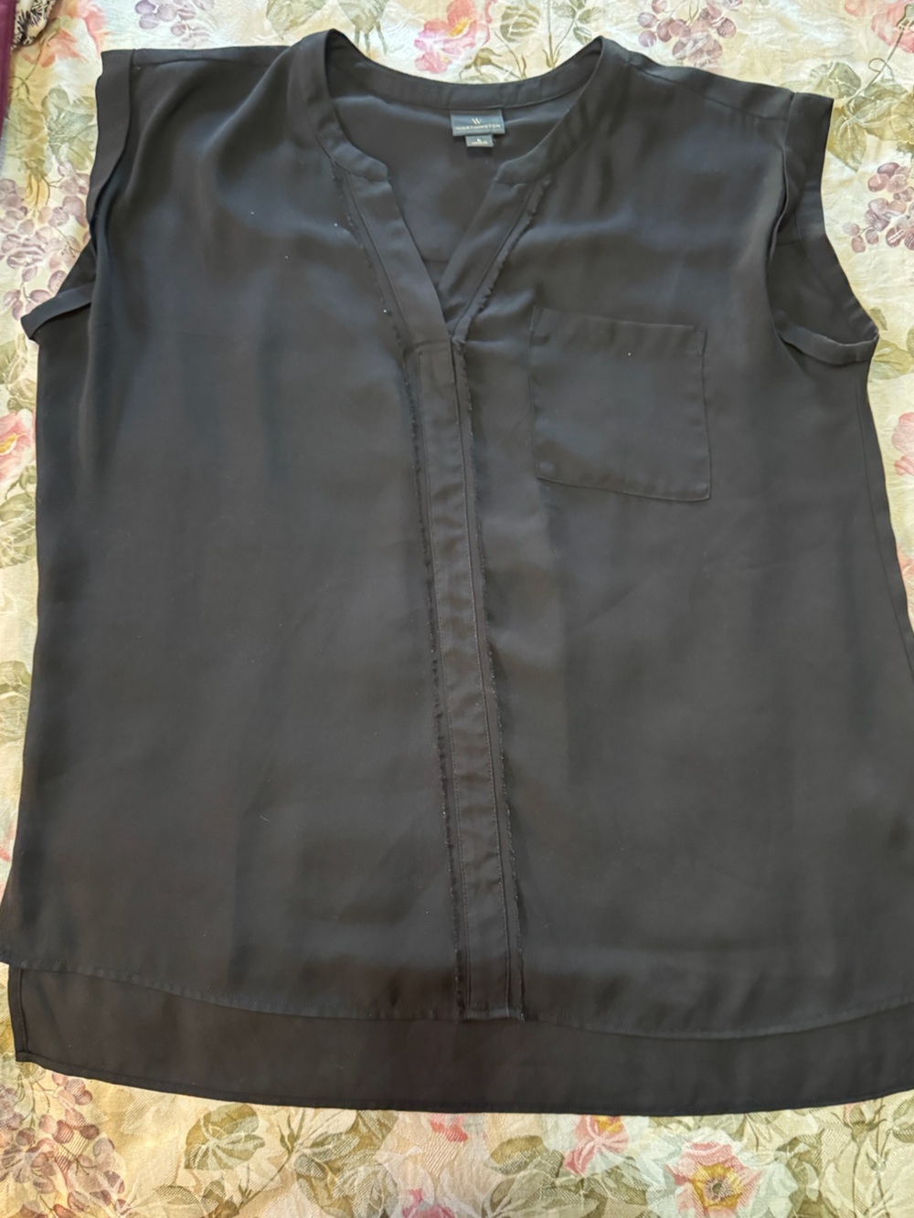 Worthington Black Sleeveless Split Neck Blouse Large Pocket Frayed Trim